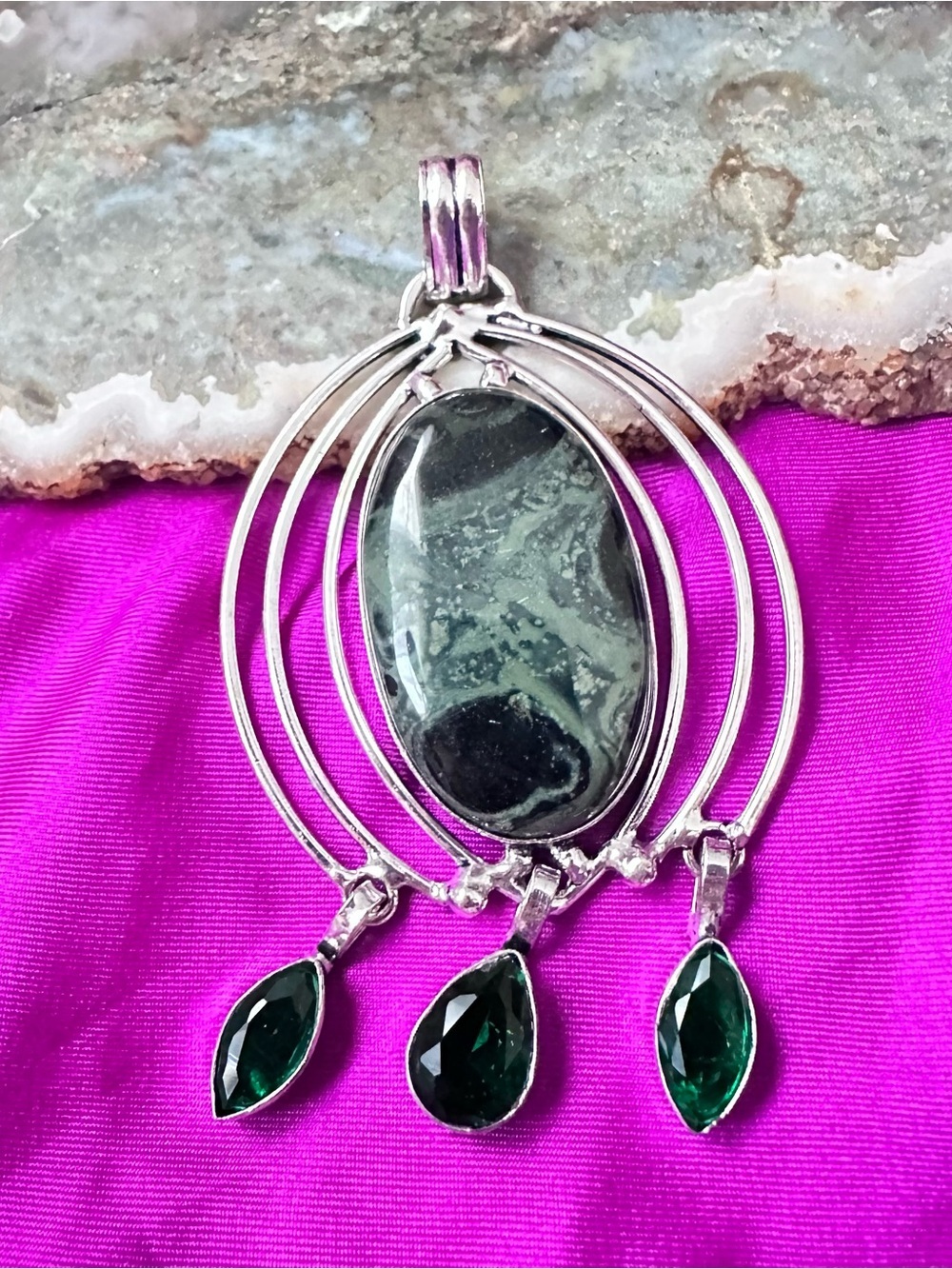 Artisan Silver Pendant with Dark Green Crocodile Jasper and Emerald Glass Drops